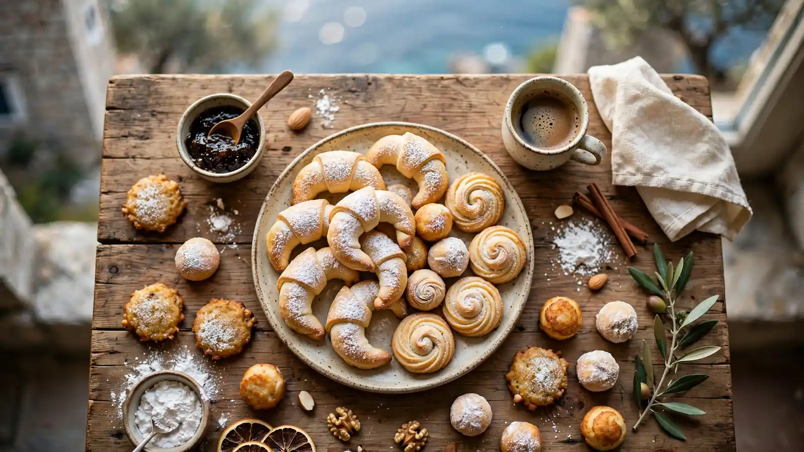 Razni tradicionalni hrvatski kolačići na drvenom stolu uz šalicu kave
