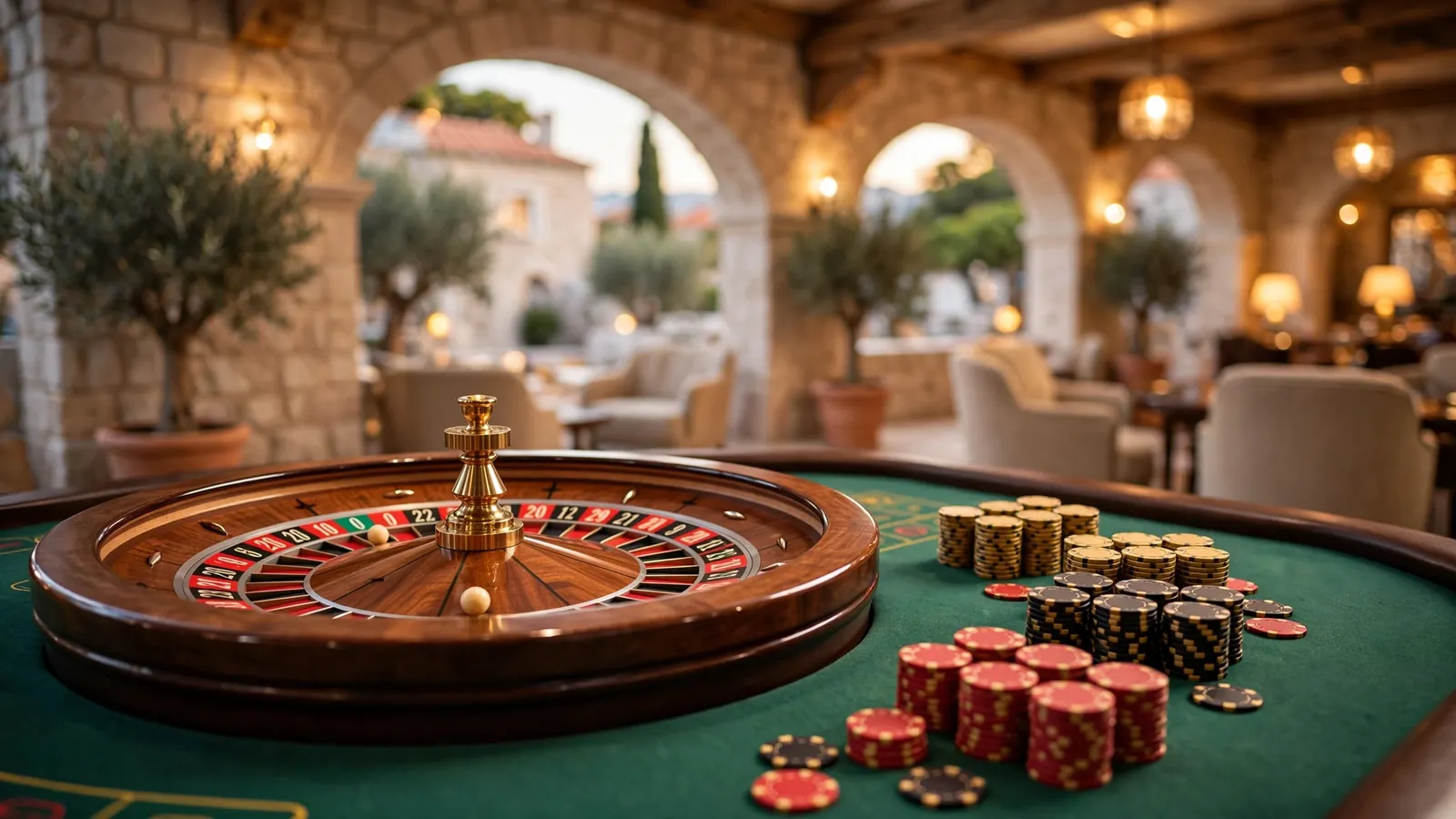 Stol za rulet s kotačem i ulošcima u modernom casinu