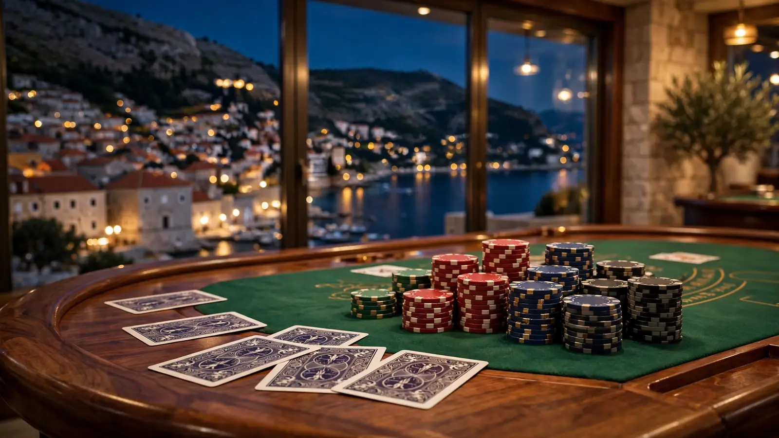 Stol za blackjack s žetonima uz pogled na hrvatsku obalu noću